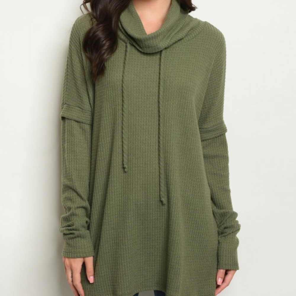 WAFFLE KNIT COWL NECK TUNIC TOP - Picture 2 of 8